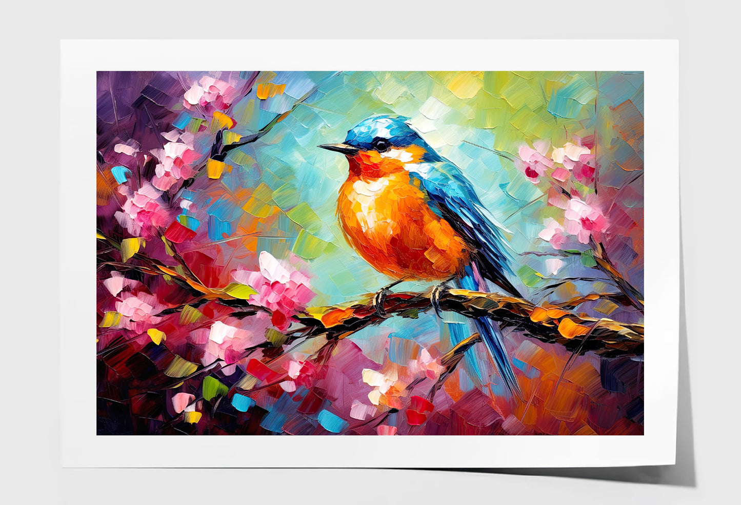 Blue Orange Bird Sitting on Tree Branch Painting Wall Art Limited Edition High Quality Print Unframed Roll Canvas None