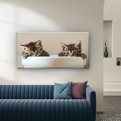 Two Kittens One Cup Wall Art Canvas Office Home Room Framed 120x60cm