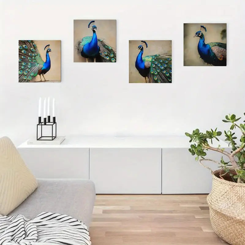 4pcs Blue Peacock Canvas Wall Art Canvas Framed