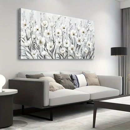 Grey White Wildflowers Botanical Elegant Floral Wall Art  canvas office home room framed 120x60cm