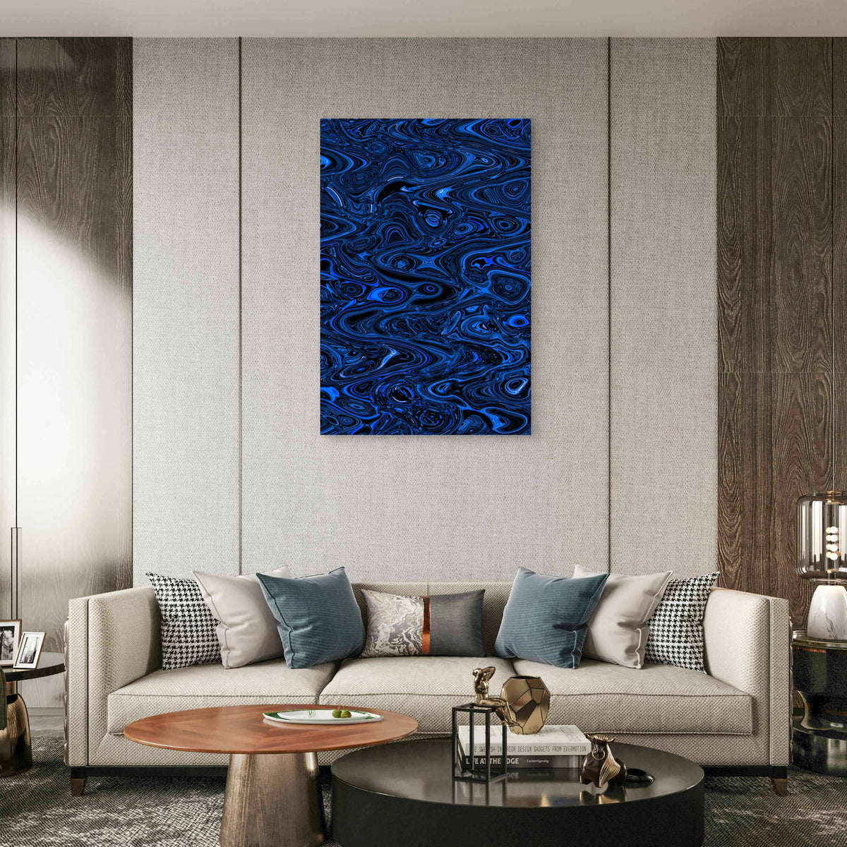 Abstract Digital Art with Blue and Black Swirls 60x90cm Metal Print Ready to Hang
