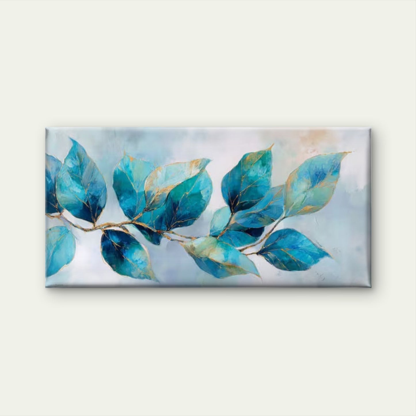 Turquoise & Golden Leaf Wall Art Canvas Office Home Room Framed 120x60cm