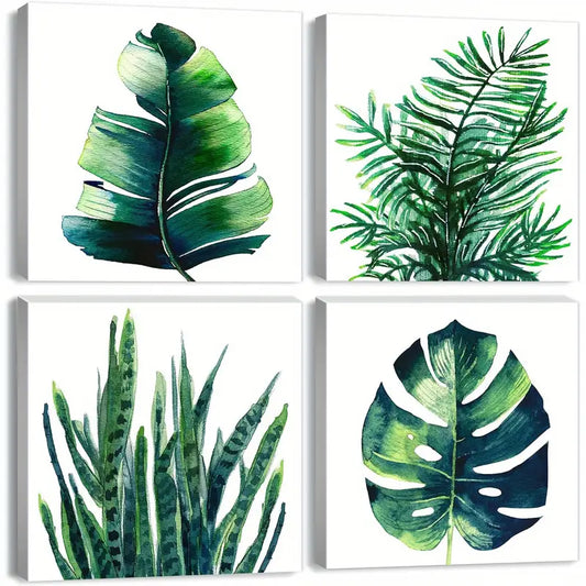 4pcs Tropical Plant Wall Art - Green Monstera Wall Art Canvas Framed
