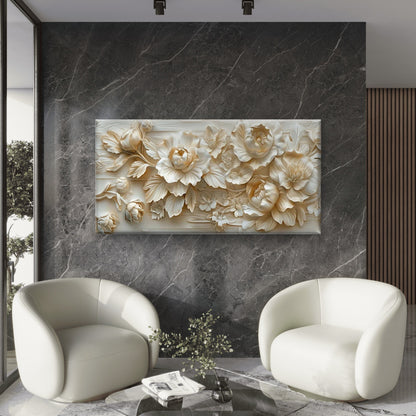 Elegant White Floral Relief Wall Art Canvas Office Home Room Framed 120x60cm