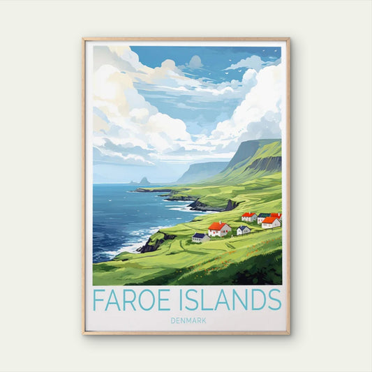 Faroe Islands, Beach & Grassland Houses Travel Poster Print Wall Art