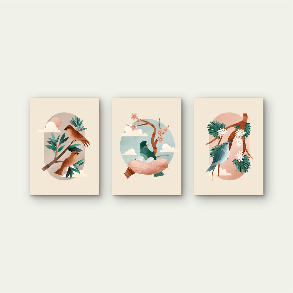 3pcs Birds on Branch Pastel Trio Neutral Wall Art Set Canvas Framed 40x60cm - High Quality Print 100% Australian Made Wall Canvas Ready to Hang