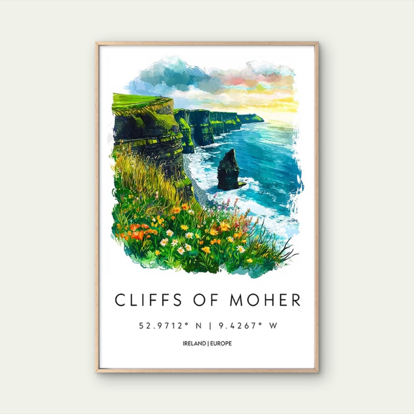 Ireland' S Cliffs of Moher, Featuring Emerald Travel Poster Print Wall Art