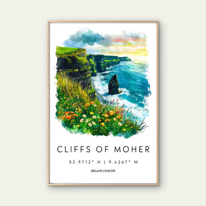 Ireland' S Cliffs of Moher, Featuring Emerald Travel Poster Print Wall Art