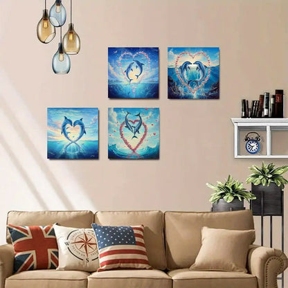4pcs  Dolphins Forming Heart Shapes   Dolphins   Wall Art Canvas Framed
