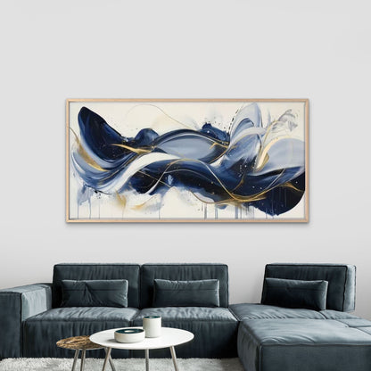 Deep Blue Golden Current Wall Art Canvas Office Home Room Framed 120x60cm
