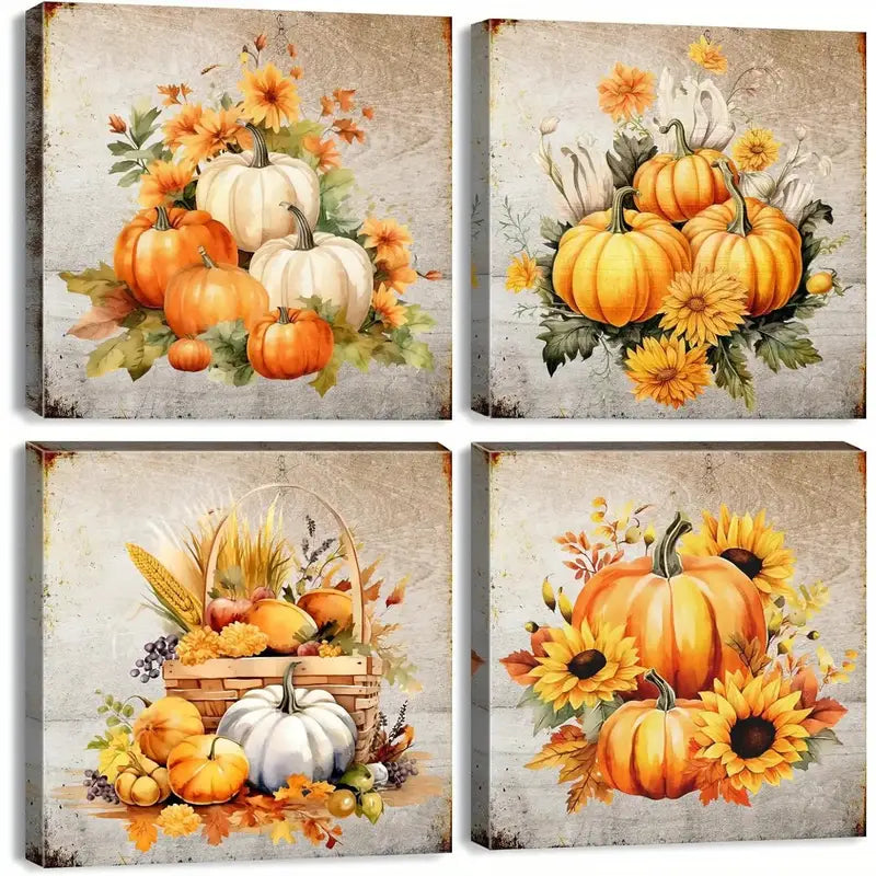 4pcs  Pumpkin & Rustic Sunflower Pictures  Wall Art Canvas Framed