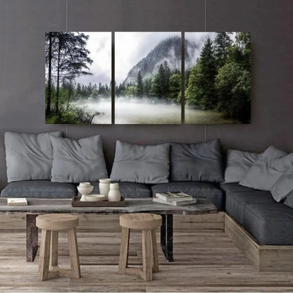 3pcs Nordic Foggy Mountain Forest Scene Wall Art Set Canvas Framed 60x90cm - High Quality Print 100% Australian Made Wall Canvas Ready to Hang
