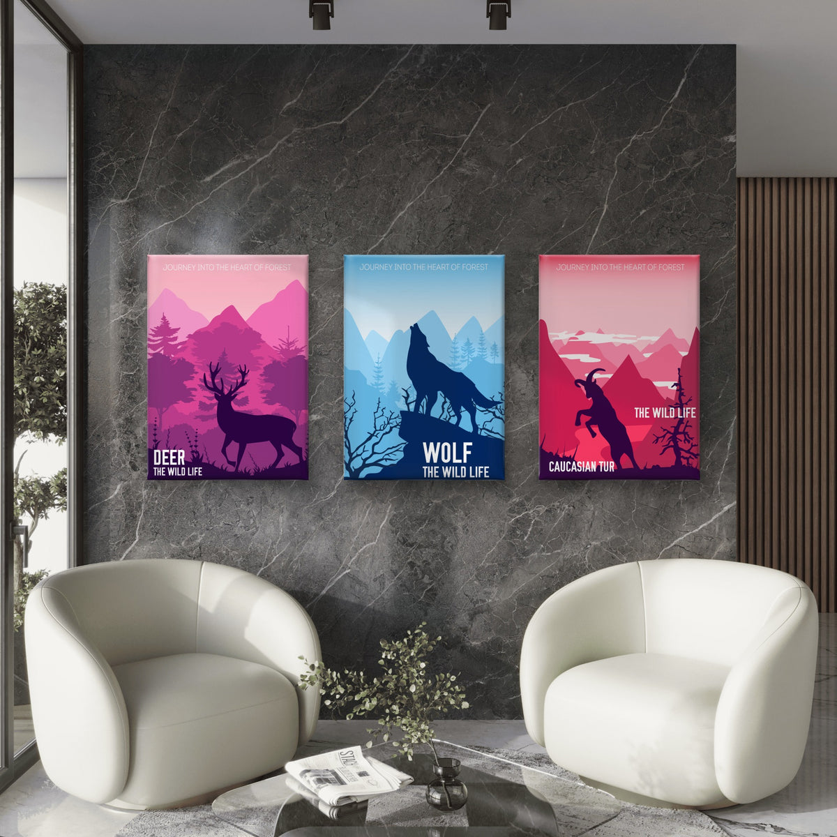 3pcs Deer Wolf Caucasian Tur Wild Animal Wall Art Set Canvas Framed 50x70cm - High Quality Print 100% Australian Made Wall Canvas Ready to Hang