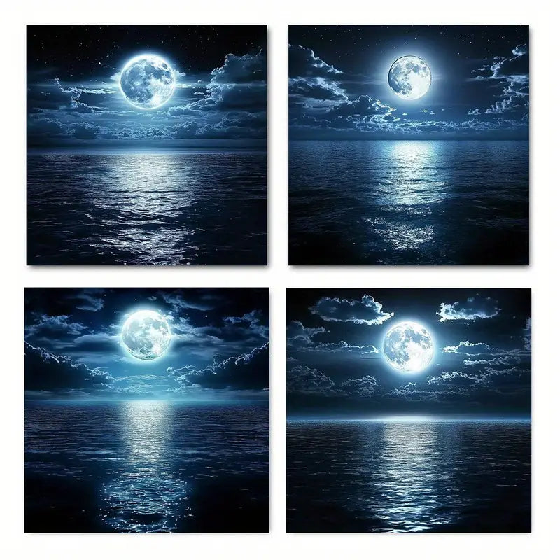 4pcs Ocean And Night Moon AO Wall Art Canvas Framed