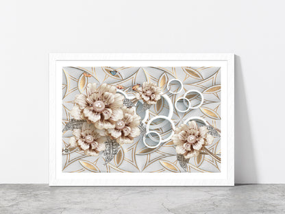 Golden Flower Abstract Design Glass Framed Wall Art, Ready to Hang Quality Print With White Border White