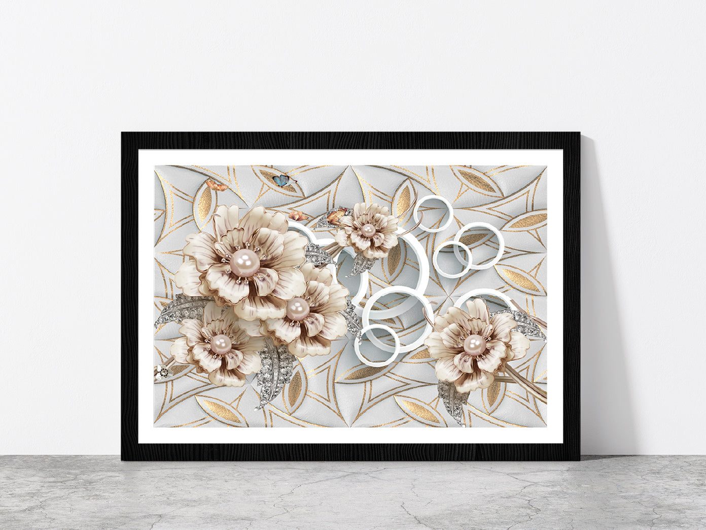 Golden Flower Abstract Design Glass Framed Wall Art, Ready to Hang Quality Print With White Border Black