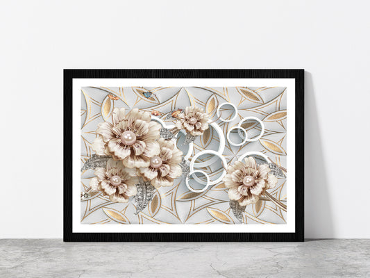 Golden Flower Abstract Design Glass Framed Wall Art, Ready to Hang Quality Print With White Border Black