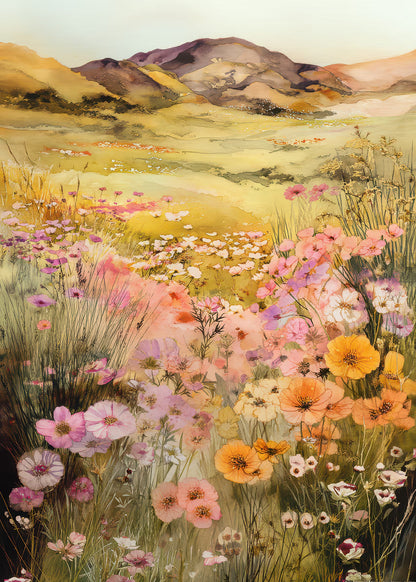 Pastel Wildflower Meadow Hill 60x90cm Metal Print Ready to Hang