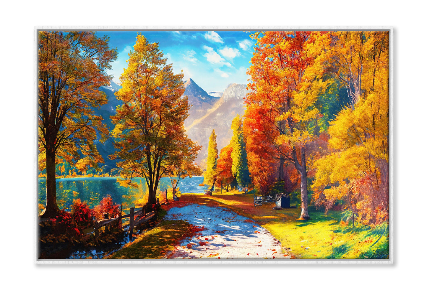 Autumn Trees near Lake & Mountains Oil Painting Wall Art Limited Edition High Quality Print Canvas Box Framed White