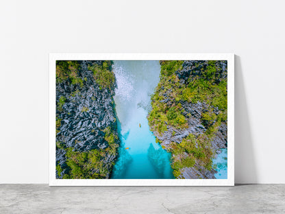 Bay Of Water Surrounded By Cliffs Glass Framed Wall Art, Ready to Hang Quality Print Without White Border White