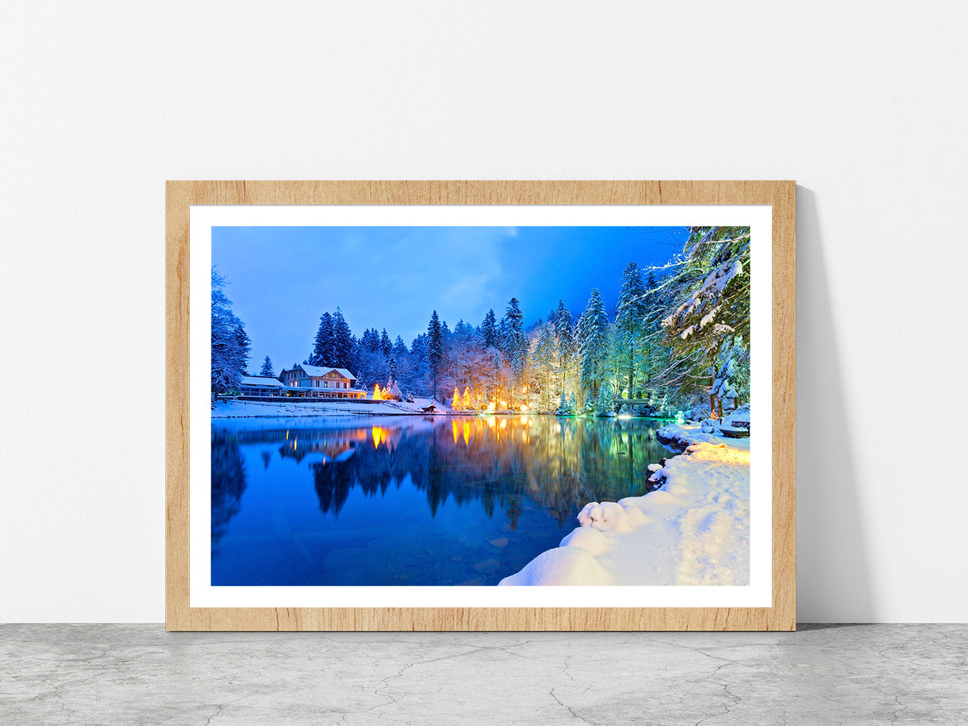 Mountain Lake In The Swiss Alps Glass Framed Wall Art, Ready to Hang Quality Print With White Border Oak