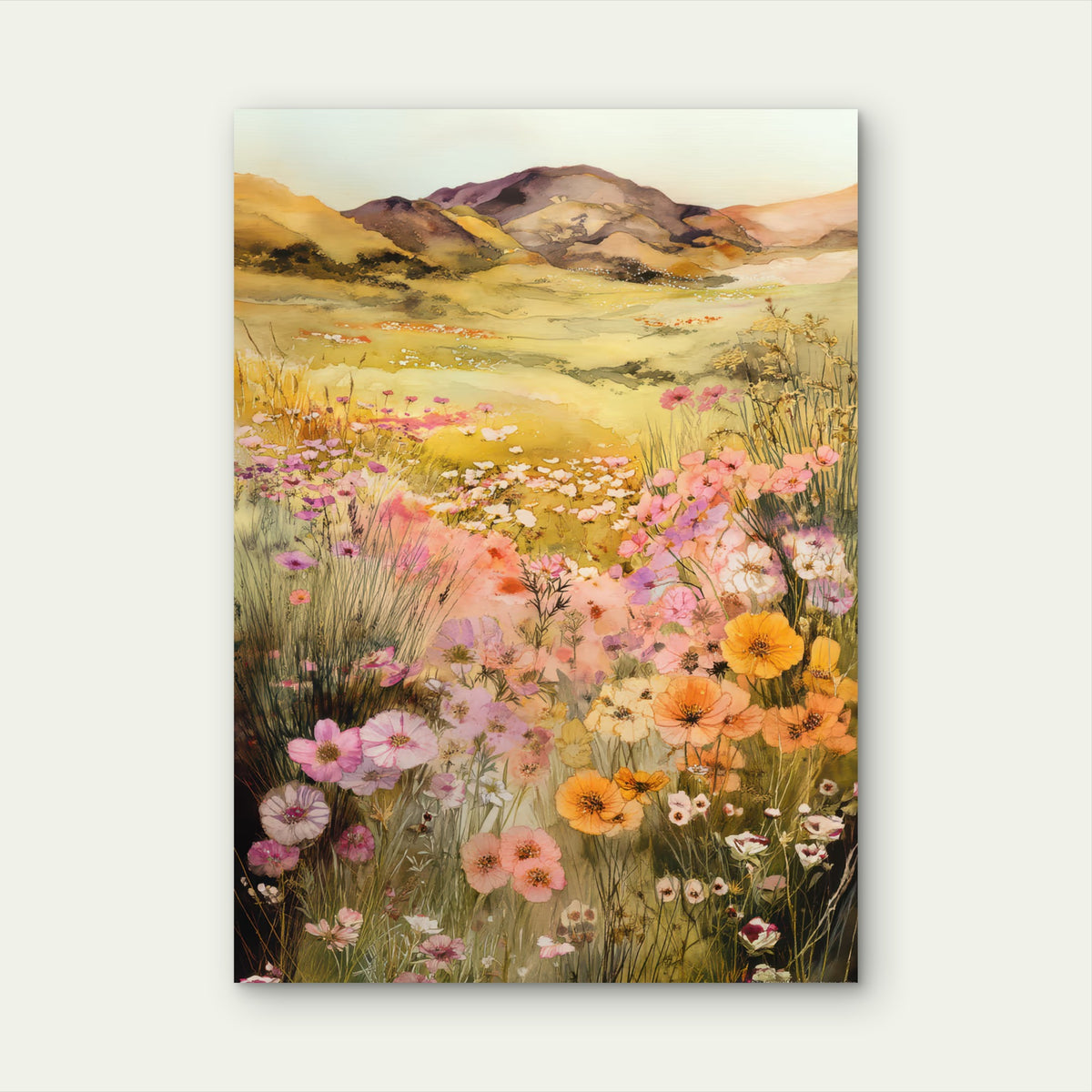 Pastel Wildflower Meadow Hill 40x60cm Metal Print Ready to Hang