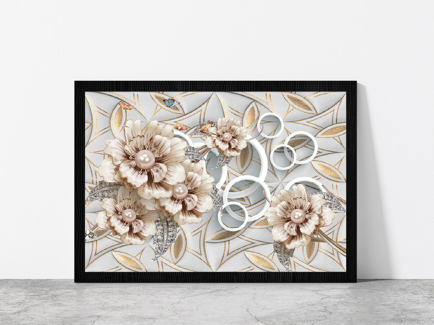 Golden Flower Abstract Design Glass Framed Wall Art, Ready to Hang Quality Print Without White Border Black