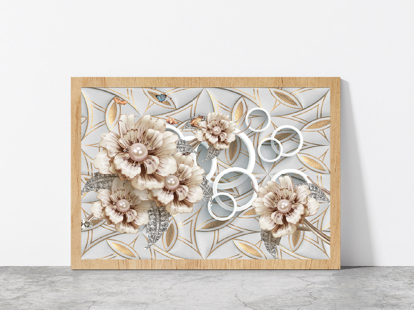 Golden Flower Abstract Design Glass Framed Wall Art, Ready to Hang Quality Print Without White Border Oak