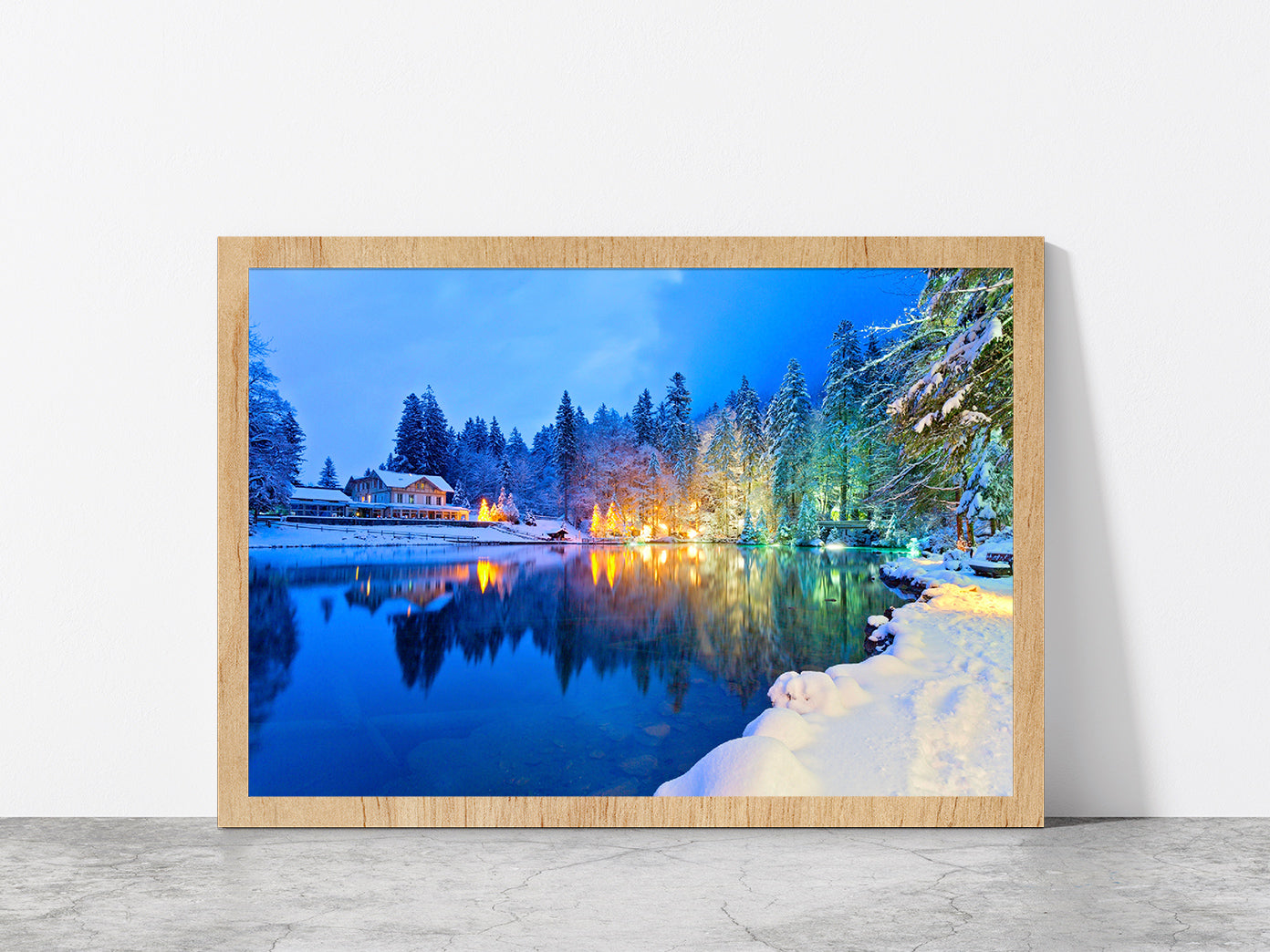 Mountain Lake In The Swiss Alps Glass Framed Wall Art, Ready to Hang Quality Print Without White Border Oak