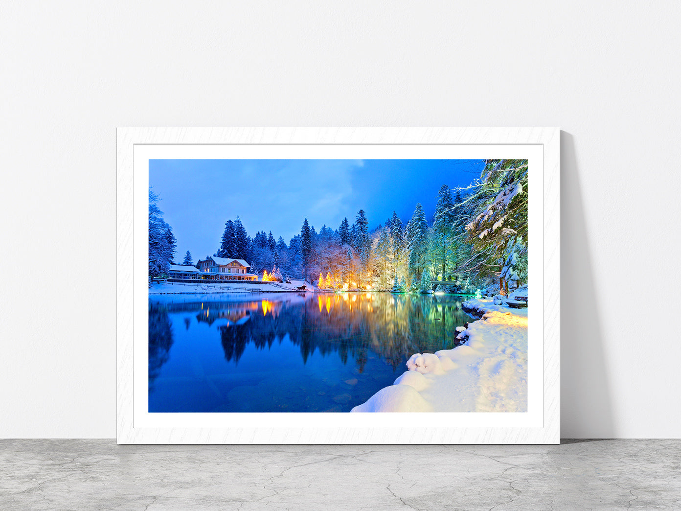 Mountain Lake In The Swiss Alps Glass Framed Wall Art, Ready to Hang Quality Print With White Border White