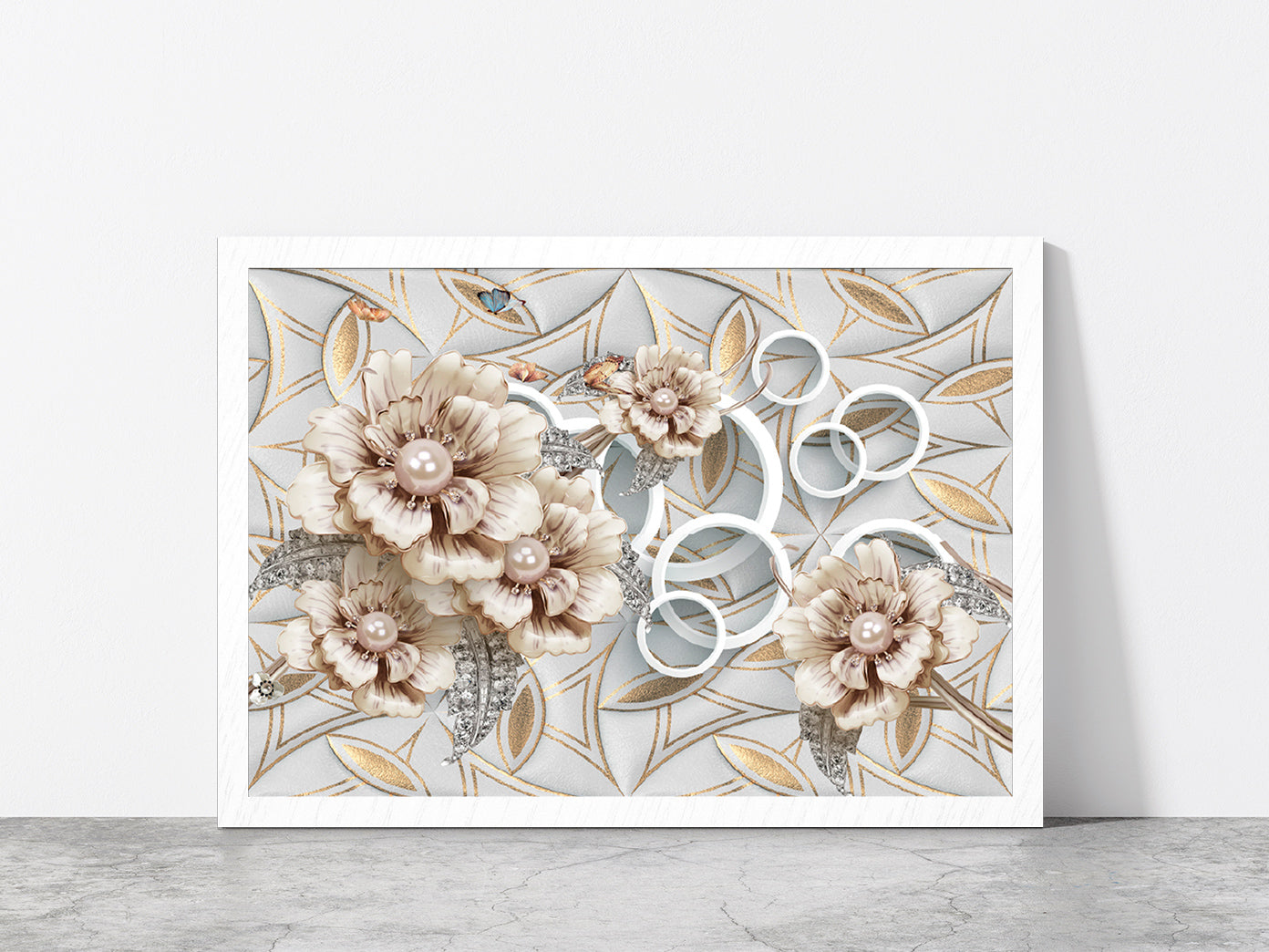 Golden Flower Abstract Design Glass Framed Wall Art, Ready to Hang Quality Print Without White Border White