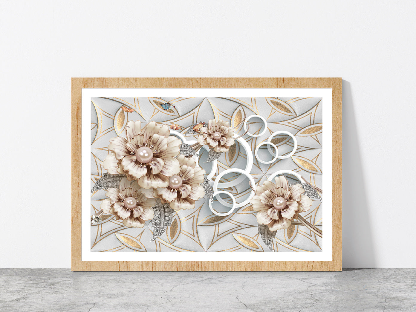 Golden Flower Abstract Design Glass Framed Wall Art, Ready to Hang Quality Print With White Border Oak