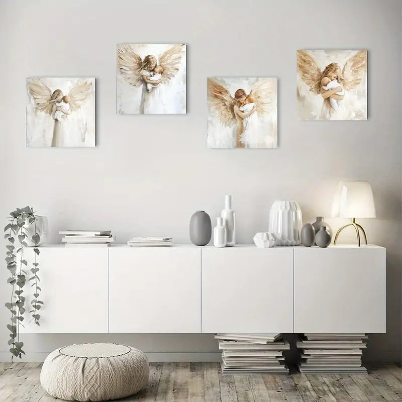 4pcs Baby With Angels Abstract White Printed Wall Art Canvas Framed
