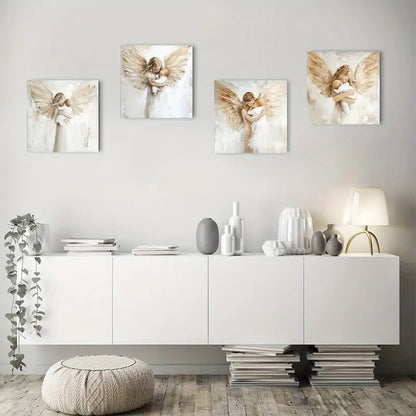4pcs Baby With Angels Abstract White Printed Wall Art Canvas Framed