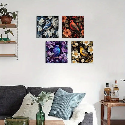 4pcs Bird Wall Art Abstract Floral Branch  Wall Art Canvas Framed
