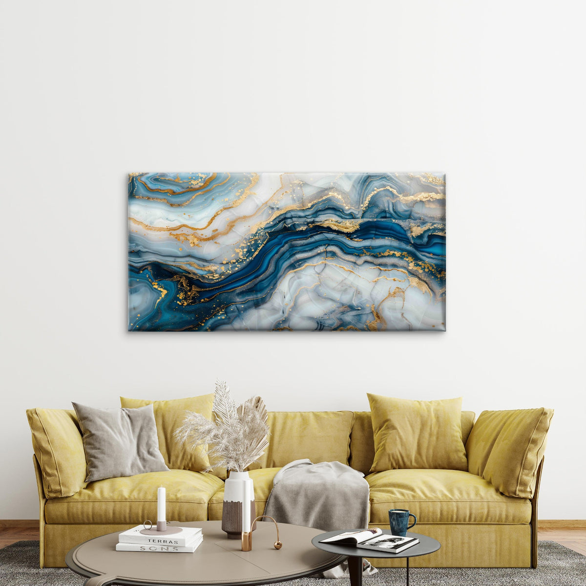 Blue And White Marble With Gold Wall Art Canvas Office Home Room Framed 120x60cm