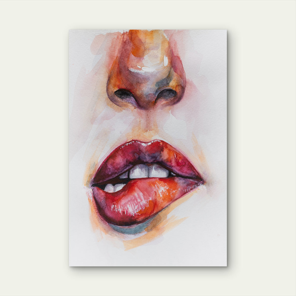 Sensual Abstract of Nose and Bitten Lips 40x60cm Metal Print Ready to Hang