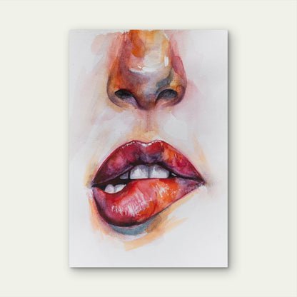 Sensual Abstract of Nose and Bitten Lips 40x60cm Metal Print Ready to Hang