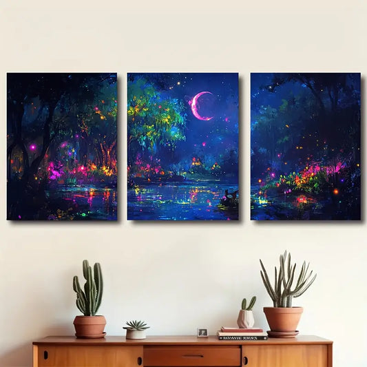 3pcs Moonlit Rainforest Night Scene Australia Wall Art Set Canvas Framed 60x90cm - High Quality Print 100% Australian Made Wall Canvas Ready to Hang