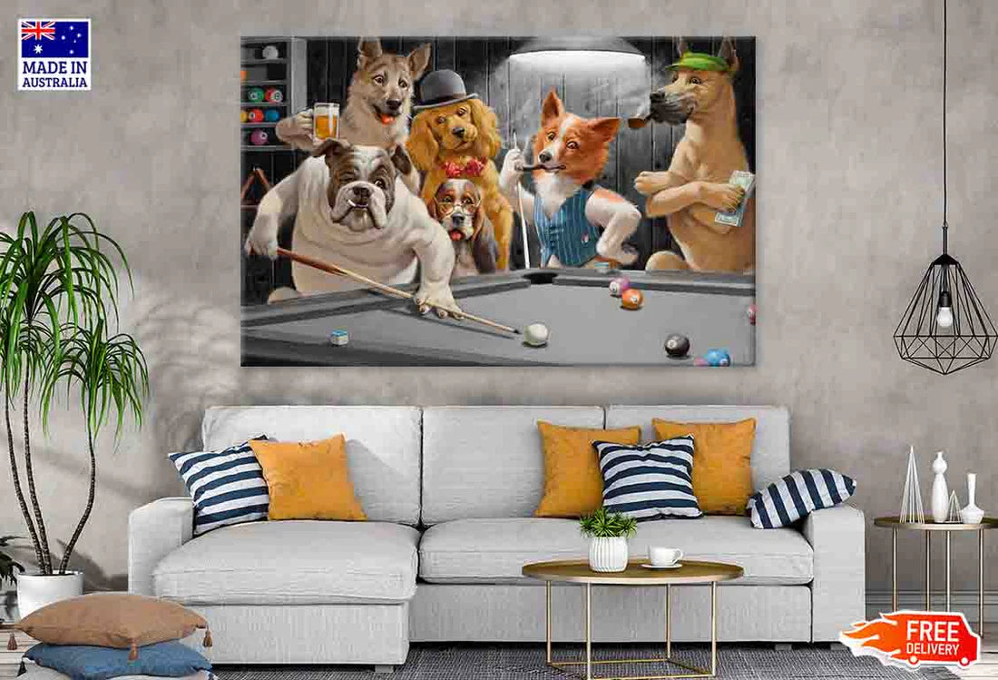 Dogs Playing Pool 90x60cm Print 100% Australian Made