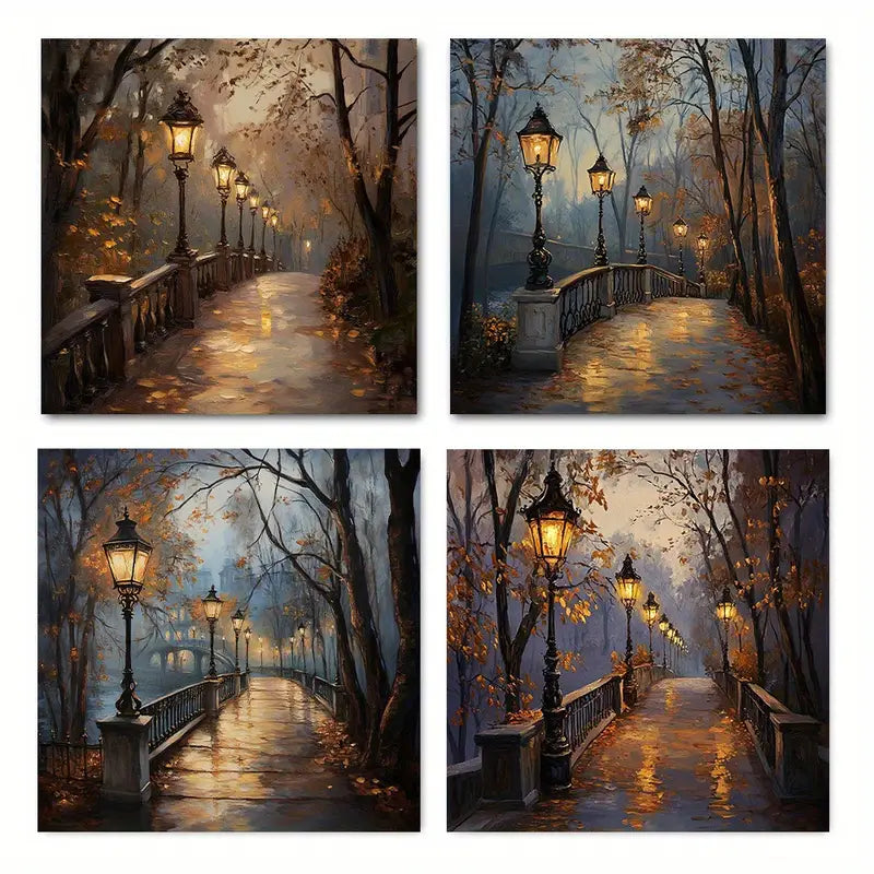 4pcs Dusk Street Lamp Scenes Wall Art Canvas Framed