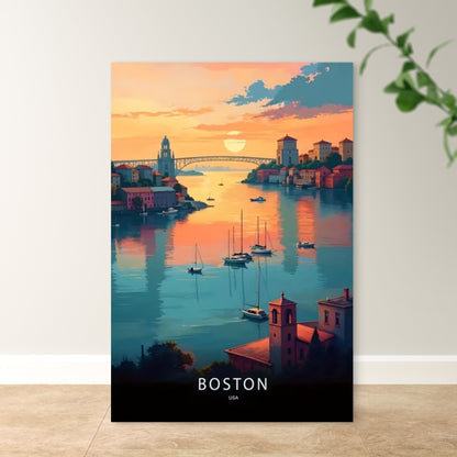Boston USA Vibrant Sunset Harbor Scene Travel Poster Print Wall Art