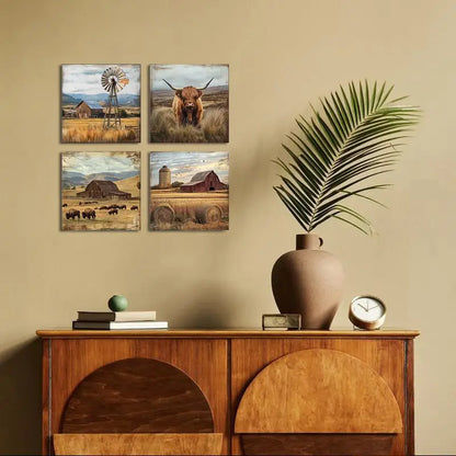 4pcs Highland Cow  Vintage Barn    Wall Art Canvas Framed