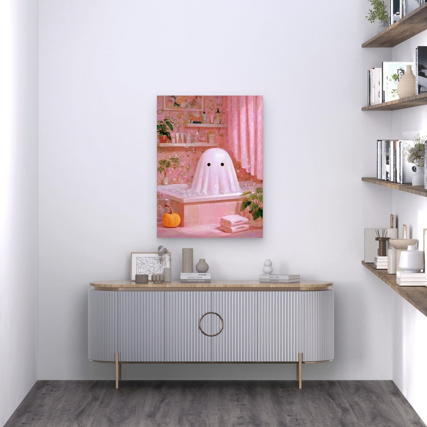 Cute Halloween Ghost in Bath Metal Print Ready to Hang