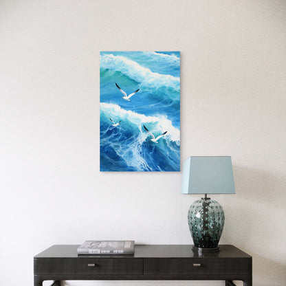 Illustration of Seagulls Flying Over Rough Ocean 40x60cm Metal Print Ready to Hang
