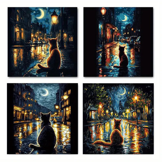 4pcs Cat Under The Stars Art Deco Wall Art Canvas Framed