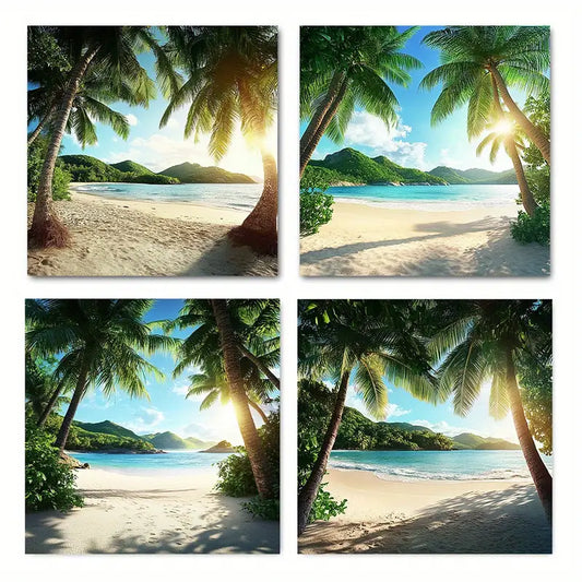 4pcs Paradise Tropical Green Sea Beac Wall Art Canvas Framed
