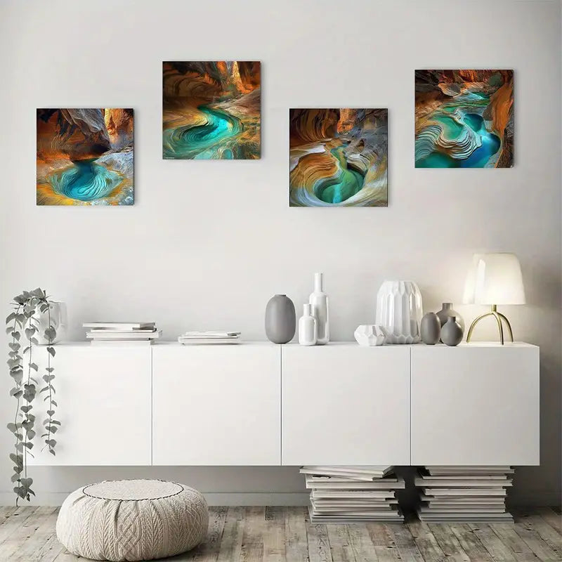 4pcs Aerial View Rock Cave Water Scenes Wall Art Canvas Framed