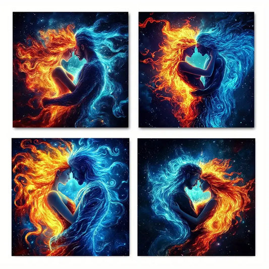 4pcs  Flame Design, Blue & Orange Abstract  BL Wall Art Canvas Framed