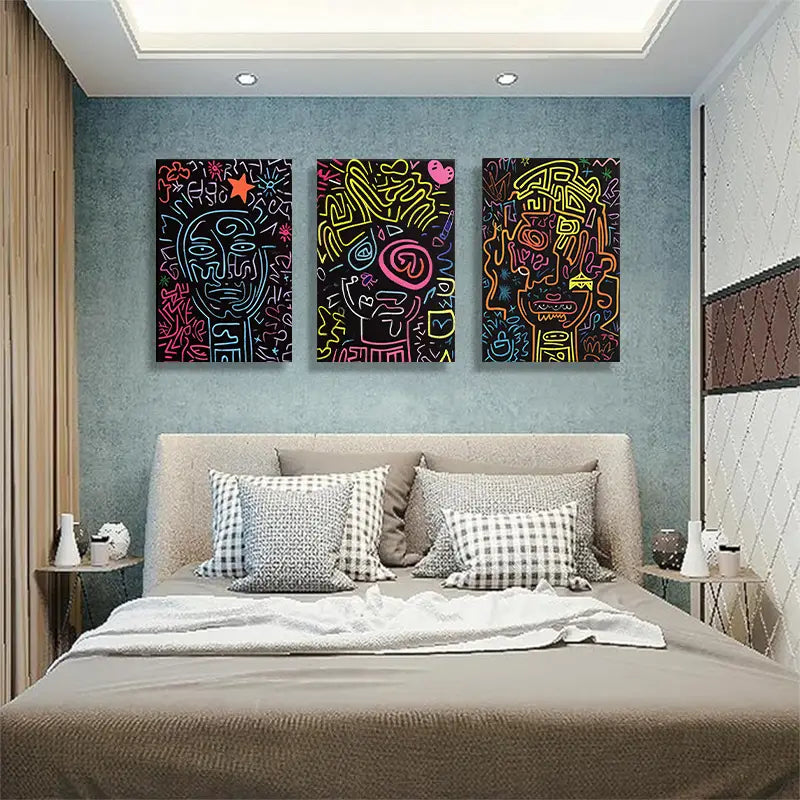 3pcs Neon Abstract Faces Colorful Line Graffiti Metal Print Ready to Hang Art